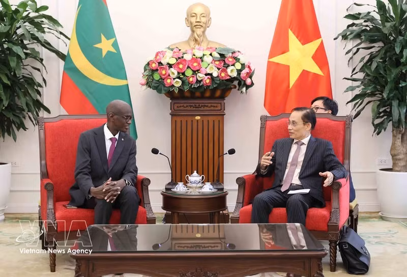 Minister of Foreign Affairs Le Hoai Trung (R) and Minister in charge of the General Secretariat of the Mauritanian Government, Moctar Al Housseynou Lam. (Photo: VNA) 