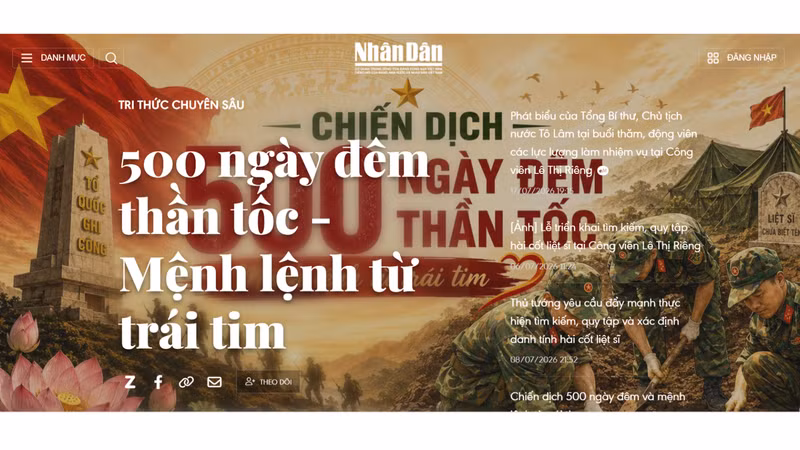 The interface of Nhan Dan’s in-depth knowledge hub on the 500-day campaign to accelerate the search for, recovery, and identification of the remains of fallen soldiers.