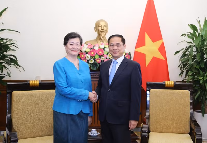 Deputy Prime Minister and Minister of Foreign Affairs Bui Thanh Son (R) receives Cambodian Ambassador to Viet Nam Chea Kimtha in Ha Noi on July 31. (Photo: Ministry of Foreign Affairs) 