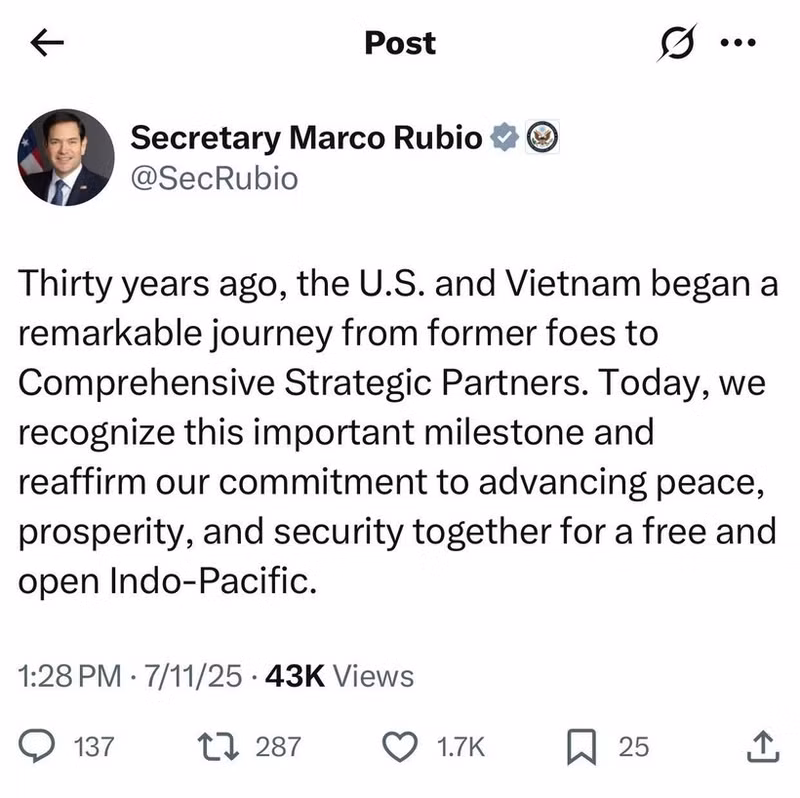 US Secretary of State Marco Rubio's post on X social network. (Photo: VNA)
