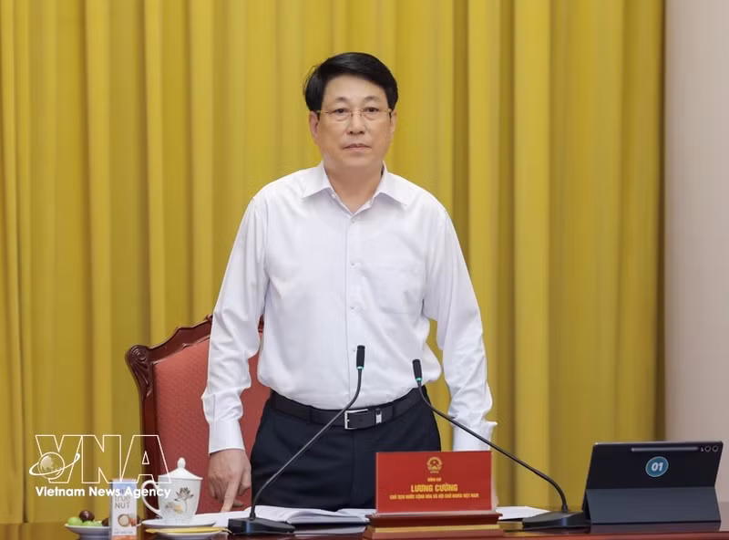 State President Luong Cuong addresses the regular briefing with the Presidential Office on February 27. (Photo: VNA)