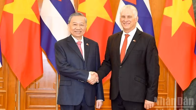 Party General Secretary To Lam and First Secretary of the Communist Party of Cuba Central Committee and President of Cuba Miguel Diaz-Canel Bermudez. (Photo: NDO) 