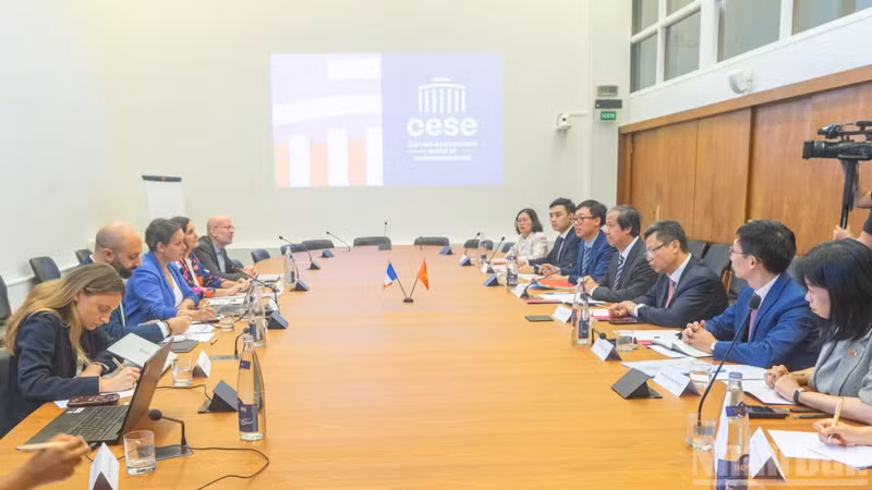 The Vietnamese delegation holds a working session with France's Economic, Social and Environmental Council (CESE) to exchange experience in public policymaking. (Photo: NDO)