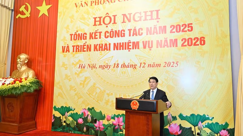 State President Luong Cuong speaks at a year-end meeting in Ha Noi on December 18 to summarise operations of the Presidential Office in 2025 and outline its tasks for 2026.