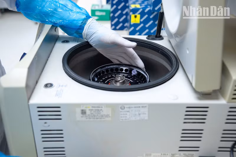 After the powdered bone sample undergoes chemical lysis, the resulting solution is placed in a centrifuge to completely separate the DNA-containing liquid from the remaining bone fragments and impurities.