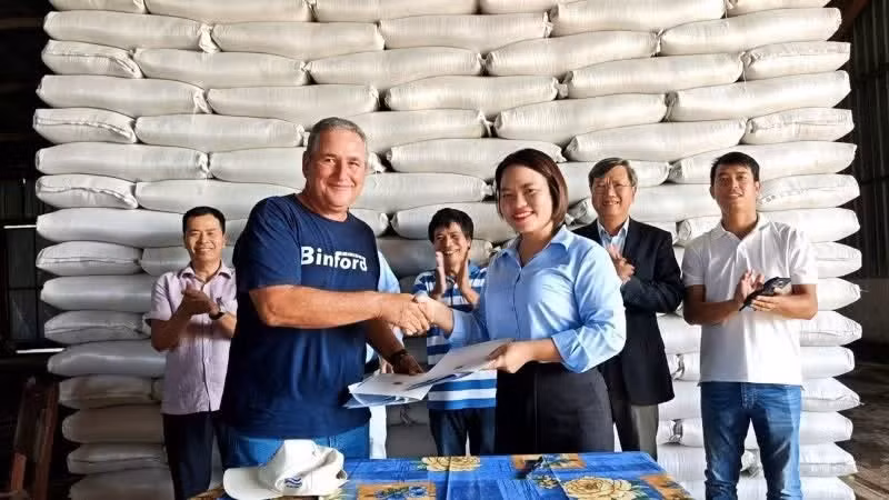 Nguyen Thi Thom, Director of AgriVMA, and Michel Ballate Camejo, General Director of Los Palacios agro-industrial company, sign the rice delivery contract. (Photo: Vietnamese Embassy in Cuba)