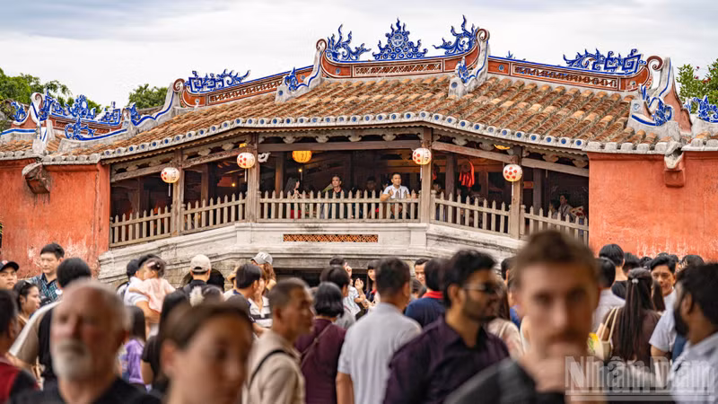 The Japanese Covered Bridge, an iconic symbol of Hoi An, teems with visitors looking for the perfect photo opportunity.