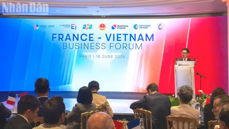 Investment Counsellor Dao Quoc Cuong speaks at the France-Viet Nam Bussiness Forum in Paris on June 18, 2026. (Photo: Trung Hung)