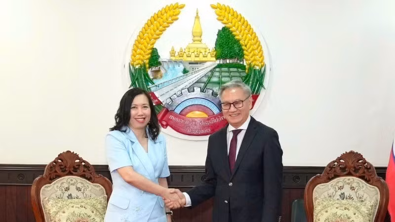 Deputy Minister of Foreign Affairs Le Thi Thu Hang pays a courtesy call on Lao Deputy Prime Minister and Minister of Foreign Affairs Thongsavanh Phomvihane. (Photo: State Committee for Overseas Vietnamese) 