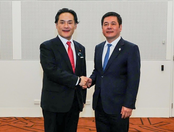 Vietnamese Minister of Industry and Trade Nguyen Hong Dien (R) and State Minister of the Cabinet Office of Japan Kazuchika Iwata. (Photo: VNA)