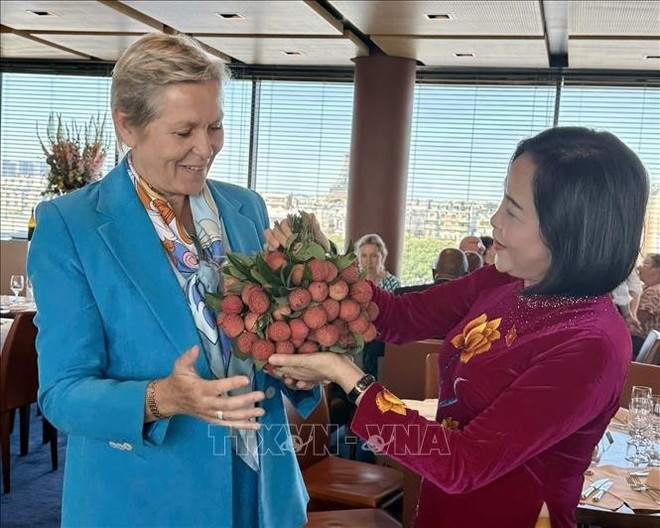 National Assembly Vice Chairwoman Nguyen Thi Thanh presents lychee - a specialty of Viet Nam to Anne Le Hénanff, Chairwoman of the France – Viet Nam Friendship Parliamentarians’ Group (FVFG) in the French NA (Photo: VNA) National Assembly Vice Chairwoman Nguyen Thi Thanh presents lychee - a specialty of Viet Nam to Anne Le Hénanff, Chairwoman of the France – Viet Nam Friendship Parliamentarians’ Group (FVFG) in the French NA (Photo: VNA)