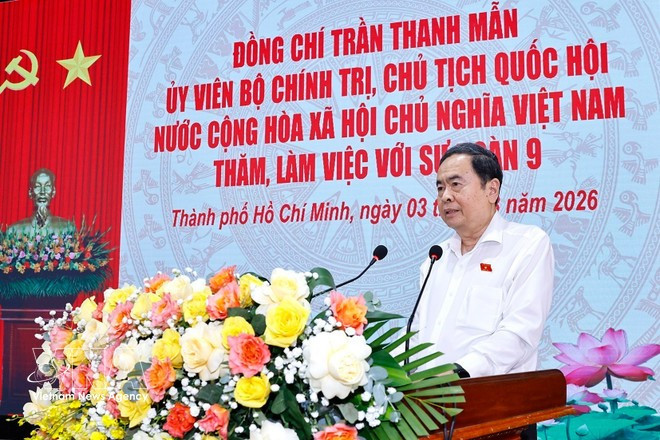 National Assembly (NA) Chairman Tran Thanh Man speaks at the working session with representatives of Division 9 under Army Corps 34 in Ho Chi Minh City on March 3 (Photo: VNA)
