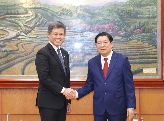 Politburo member, Secretary of the Central Committee of the Communist Party of Viet Nam (CPV) and Chairman of its Commission for Internal Affairs Phan Dinh Trac (R) shakes hands with Chan Chun Sing, Assistant Secretary-General of the People’s Action Party (PAP) of Singapore at their meeting in Ha Noi on July 21, 2025. (Photo: VNA) Politburo member, Secretary of the Central Committee of the Communist Party of Viet Nam (CPV) and Chairman of its Commission for Internal Affairs Phan Dinh Trac (R) shakes hands with Chan Chun Sing, Assistant Secretary-General of the People’s Action Party (PAP) of Singapore at their meeting in Ha Noi on July 21, 2025. (Photo: VNA)