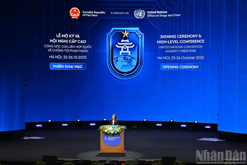 Executive Director of the United Nations Office on Drugs and Crime Ghada Waly speaks at the signing ceremony. 8-9279.jpg