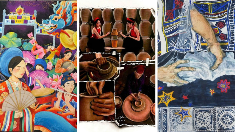 Prize B - Group A (Under 12 years old - from left): Nguyen Kieu An (2009, Ha Noi) – “Hue Melody of Love”; Sai Ngoc Anh (2008, Vinh Yen) – “Phu Lang Pottery Village”; Ho Vu Ha Anh (2009, Ha Noi) – “Shades of Heritage” paintig4.jpg