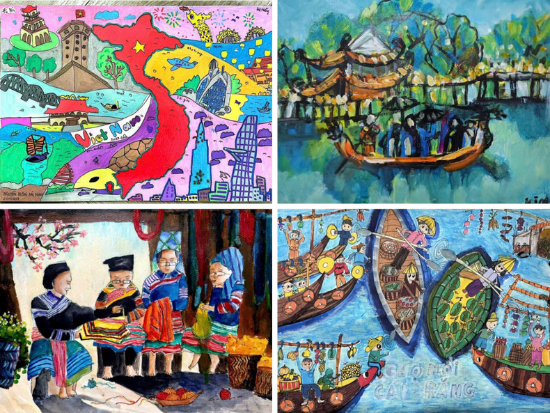 Prize C - Group A (Under 12 years old - from left): Nguyen Duong Bao Minh (2017, Ha Noi) – “Around Viet Nam”; Nguyen Viet Vinh (2014, Bac Ninh) – “Viem Xa - As Tradition Returns”; Bui Ngoc Khanh An (2015, Ha Noi) – “Beauty of the highland!”; Duong Nam Nghi (2015, Ho Chi Minh City) – “Cai Rang, Can Tho floating market” painting2.jpg