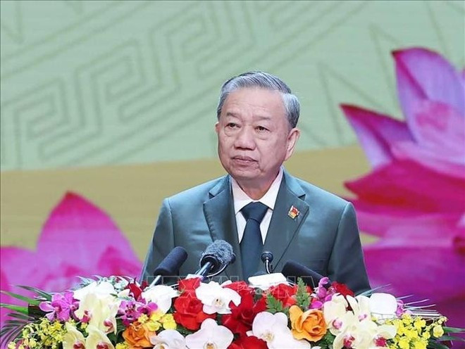 Party General Secretary To Lam, Secretary of the Central Military Commission, delivers a speech marking the 80th anniversary of the Viet Nam People’s Army and the 35th All-People’s National Defence Festival. (Photo: VNA) Party General Secretary To Lam, Secretary of the Central Military Commission, delivers a speech marking the 80th anniversary of the Viet Nam People’s Army and the 35th All-People’s National Defence Festival. (Photo: VNA)