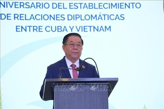 General Nguyen Trong Nghia, Politburo member, Secretary of the Party Central Committee, Chairman of the General Department of Politics of the Viet Nam People&apos;s Army, speaks at the reception. (Photo: VNA)