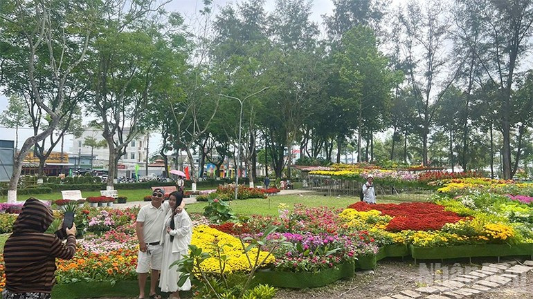 Visitors take photos at the Viet Nam map formed from flower and ornamental plant varieties.