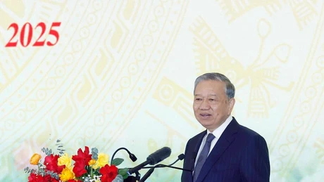 Party General Secretary To Lam speaks at the national conference to review the information, education and mass mobilisation work in 2025 and roll out tasks for 2026, in Ha Noi on December 19, 2025. (Photo: VNA)