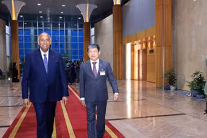 Standing Vice Chairman of the National Assembly’s Committee for National Defence, Security, and External Relations Vu Hai Ha welcomes President of the NA of Côte d’Ivoire Patrick Achi at Noi Bai International Airport. (Photo: VNA)
