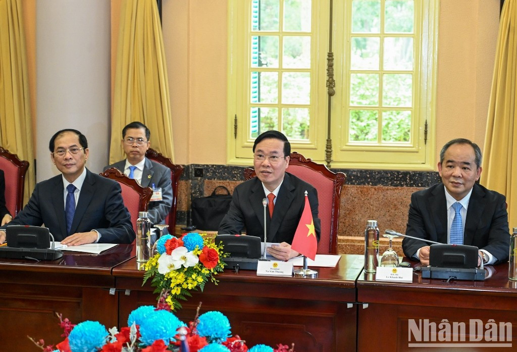 President Vo Van Thuong speaks at the talks.