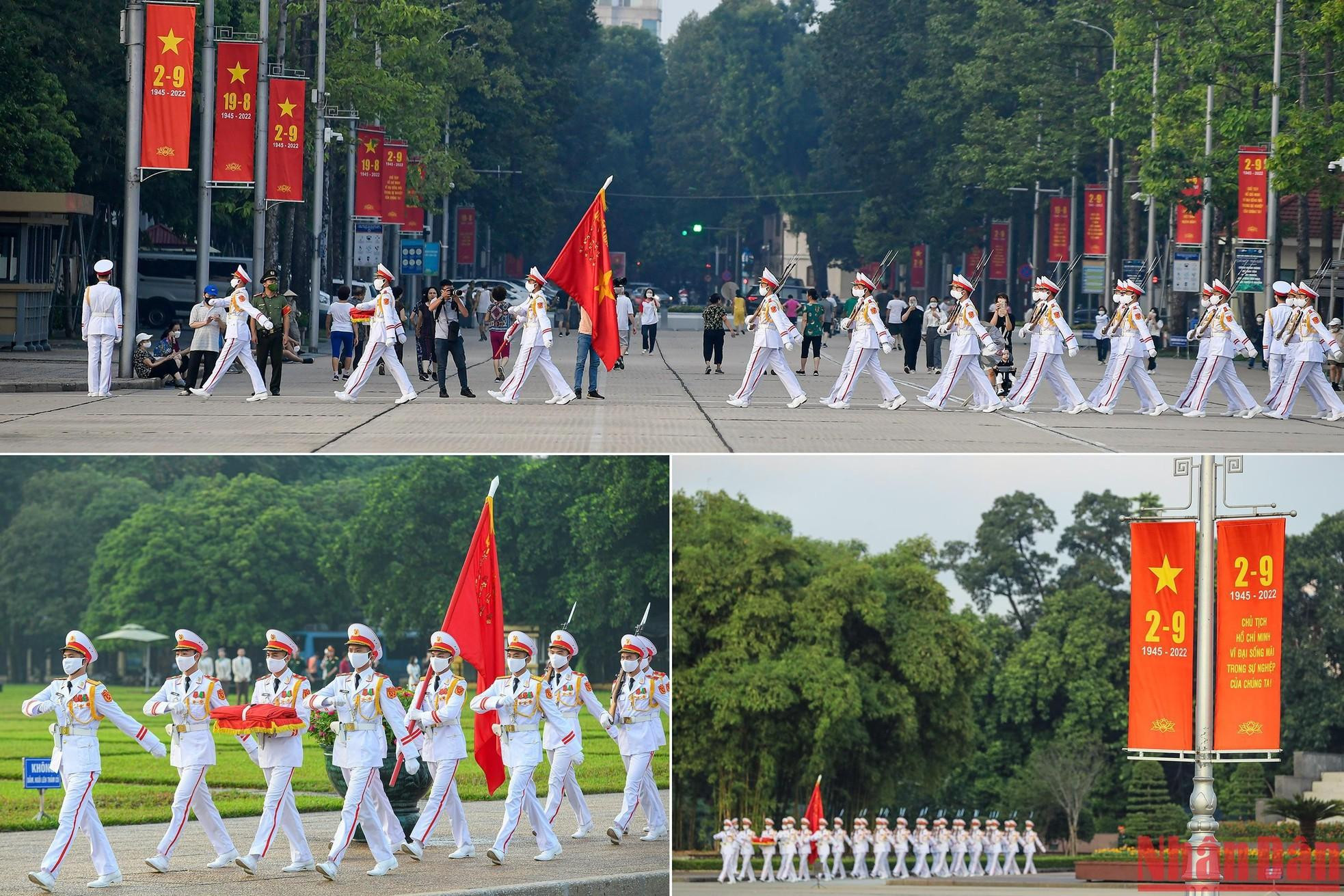 Around 5:55 am, the honour guards marched into Ba Dinh Square to the background of martial music from the corner where Hung Vuong Street intersects with Le Hong Phong.