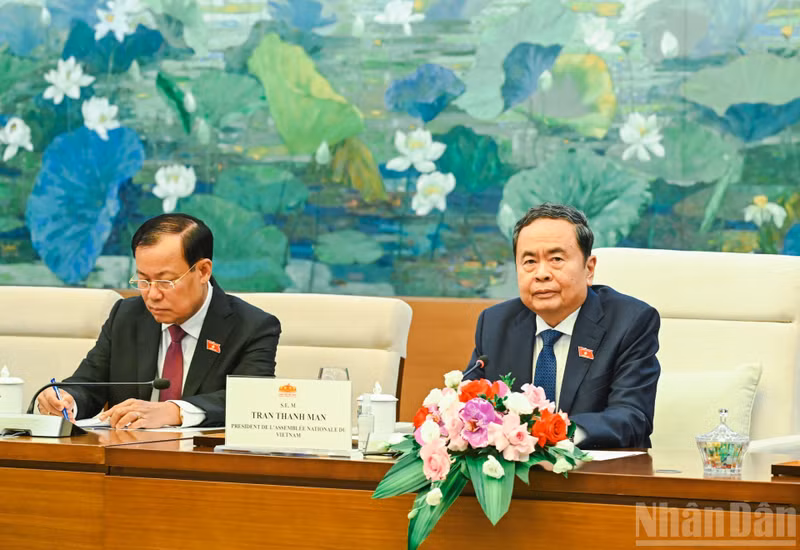 National Assembly President Tran Thanh Man speaks at the reception. (Photo: DUY LINH)