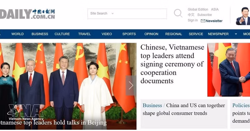 The China Daily reports on the activities of General Secretary of the Communist Party of Viet Nam (CPV) Central Committee and President of Viet Nam To Lam and his spouse in China. (Photo published by VNA)