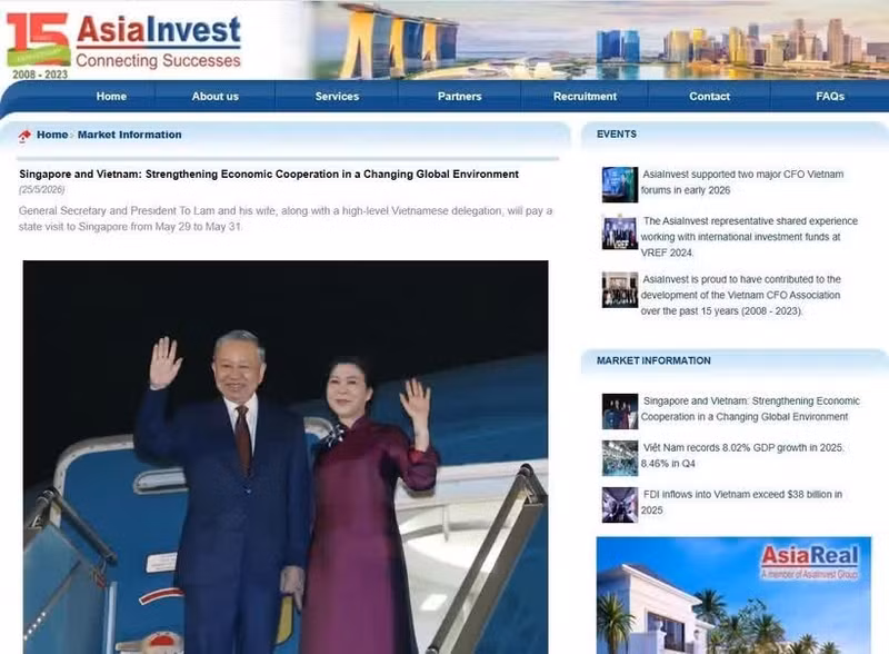 The article “Singapore and Viet Nam: Strengthening Economic Cooperation in a Changing Global Environment” on Singaporean news site asiainvest.com.sg. (Photo: Screenshot)