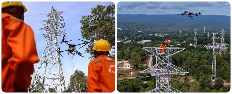 Contractors deployed unmanned aerial vehicles, or drones, to string pilot wires, helping reduce manual labour and accelerate progress. (Photo: EVNSPC)