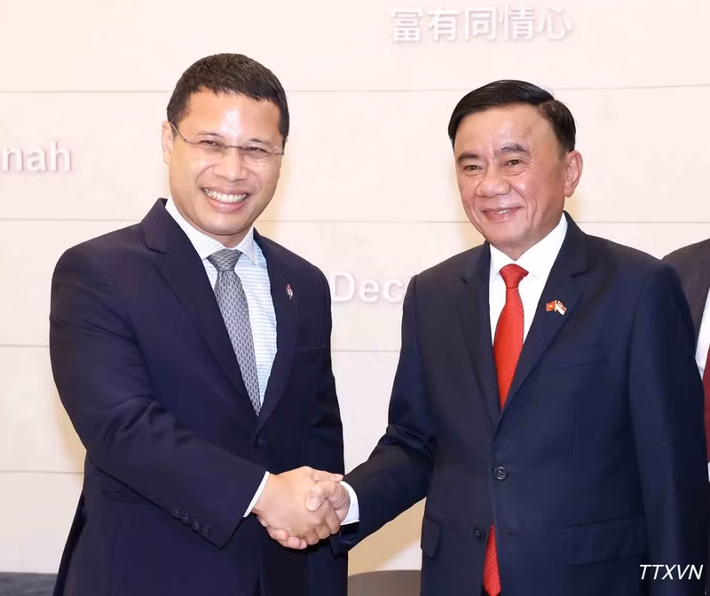 Permanent member of the Communist Party of Viet Nam (CPV) Central Committee's Secretariat Tran Cam Tu (R) and Chairman of the People’s Action Party (PAP) and Minister for Education of Singapore Desmond Lee at the meeting on August 24 (Photo: VNA)