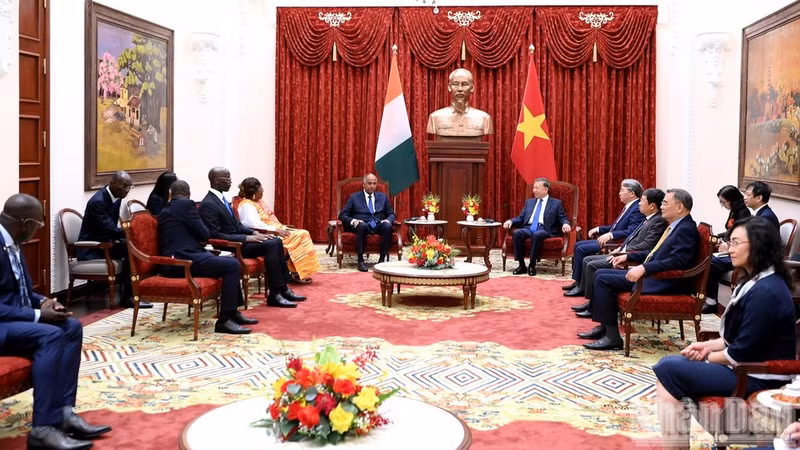 The meeting between General Secretary of the Communist Party of Viet Nam Central Committee and President To Lam and President of the National Assembly of Côte d’Ivoire Patrick Achi on August 24. (Photo: nhandan.vn)