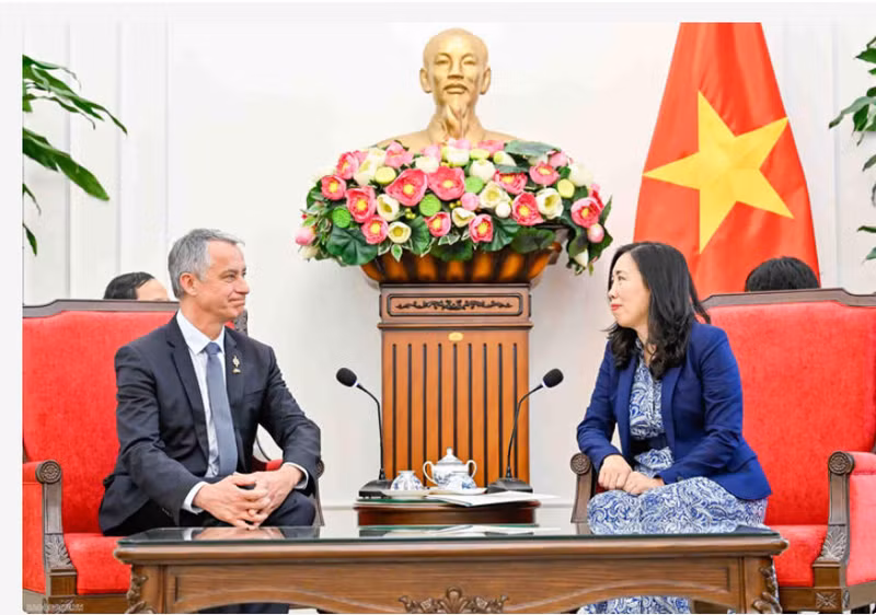 Deputy Minister of Foreign Affairs Le Thi Thu Hang and Chairman of the National Defence and Armed Forces Committee of the French National Assembly Jean-Michel Jacques. (Photo: baoquocte.vn)