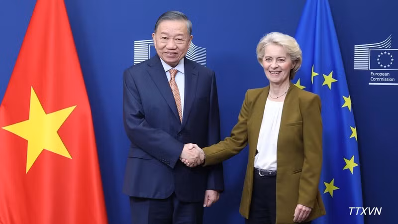 General Secretary of the Communist Party of Viet Nam Central Committee and President To Lam (L) meets with President of the European Commission (EC) Ursula von der Leyen in Brussels on October 22. (Photo: VNA)