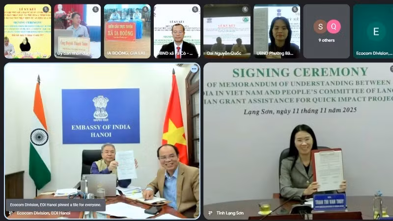 The online signing ceremony on the implementation of QIPs. (Photo: Embassy of India in Viet Nam)