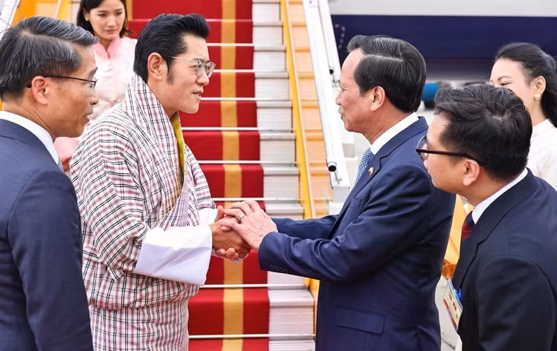 Bhutanese King Jigme Khesar Namgyel Wangchuck (second from left) is welcomed at the airport. (Photo: VNA)
