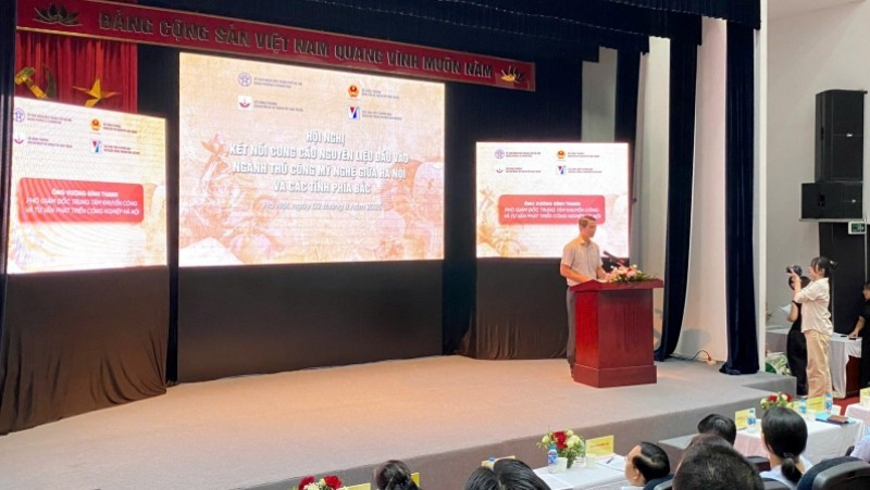 A representative from the Ha Noi Centre for Industrial Promotion and Industrial Development Consulting speaks at the event.