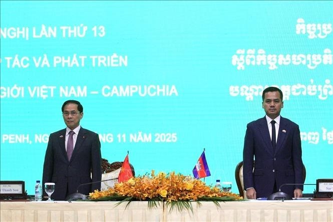 Deputy Prime Minister Bui Thanh Son (L) and Cambodian Deputy Prime Minister and Minister of Interior Sar Sokha co-chair the plenary session of the conference. (Photo: VNA)