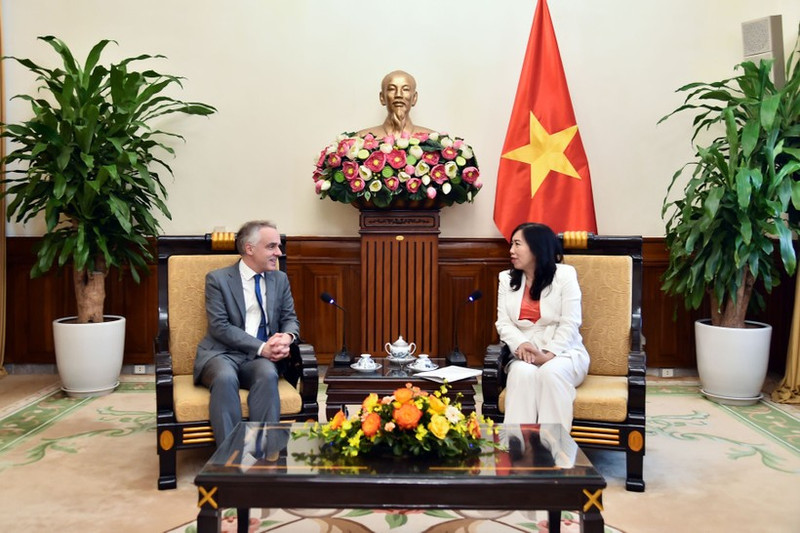 Deputy Minister of Foreign Affairs Le Thi Thu Hang (R) and Benoit Guidée, Director of the Asia–Oceania Department at the French Ministry for Europe and Foreign Affairs meet in Ha Noi on December 19. (Photo: VNA)