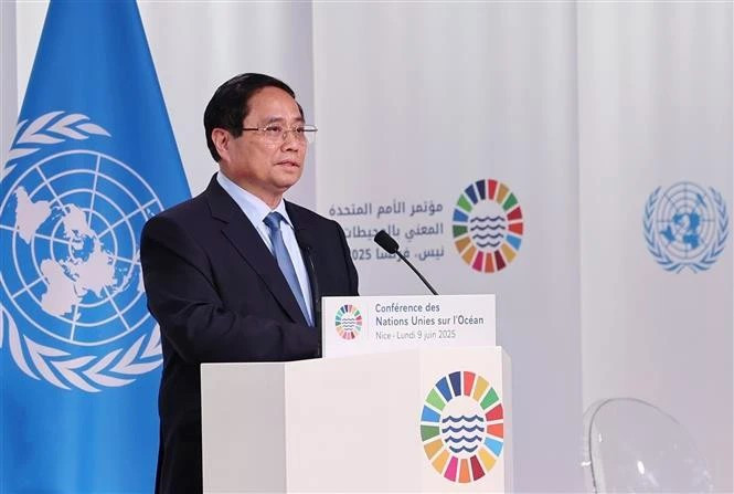 Prime Minister Pham Minh Chinh speaks at the plenary session of the 3rd United Nations Ocean Conference (UNOC 3) in Nice, France. (Photo: VNA)