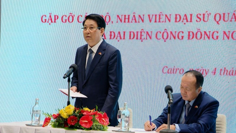 State President Luong Cuong, his spouse and overseas Vietnamese in Egypt. (Photo: VNA)