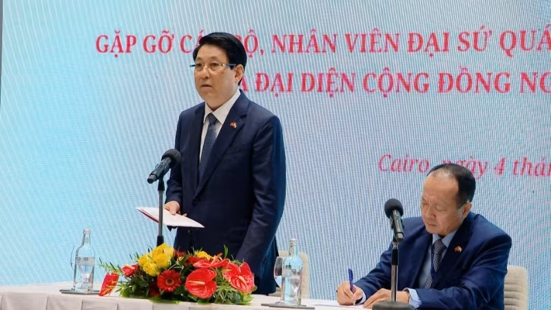 State President Luong Cuong, his spouse and overseas Vietnamese in Egypt. (Photo: VNA)