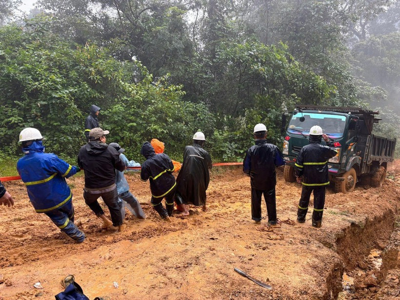 Workers of the Quang Tri power company are overcoming difficulties to restore electricity supply to all remote villages before December 15. (Photo: VNA)
