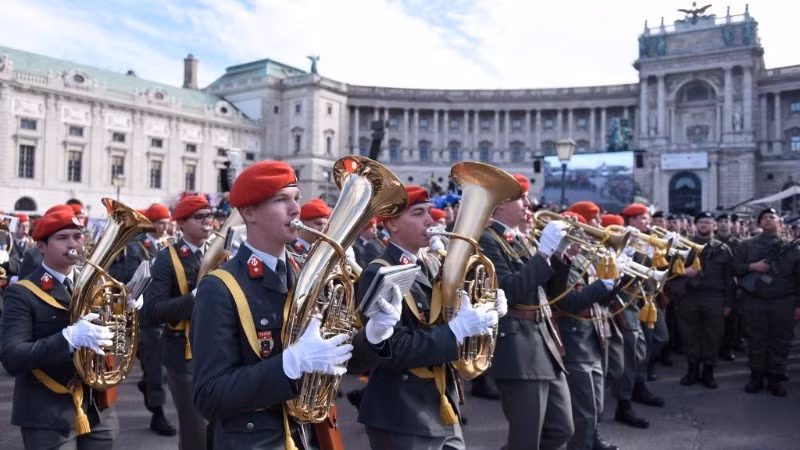 A military band performs during the celebration of Austria’s National Day in Vienna, Austria, on October 26, 2023. (Photo: Xinhua)
