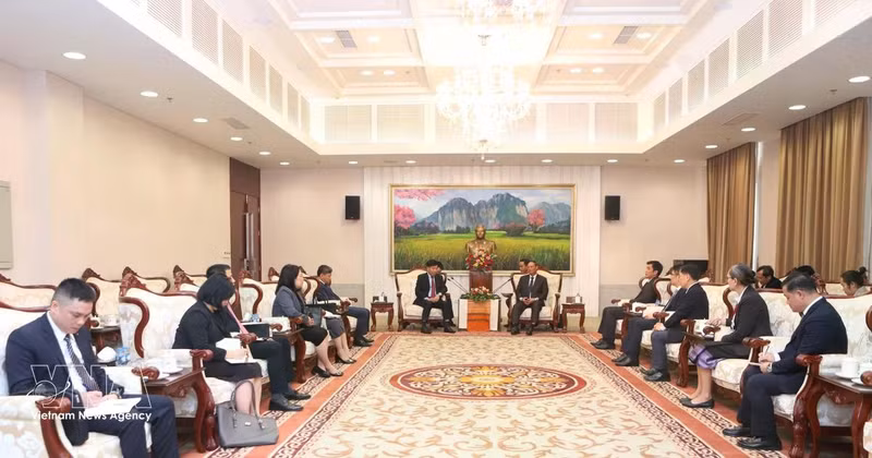 At the meeting between Vietnamese Deputy Minister of Foreign Affairs Nguyen Manh Cuong and Vilay Lakhamphong, Politburo member and Standing member of the Lao People's Revolutionary Party Central Committee’s Secretariat. (Photo: VNA)