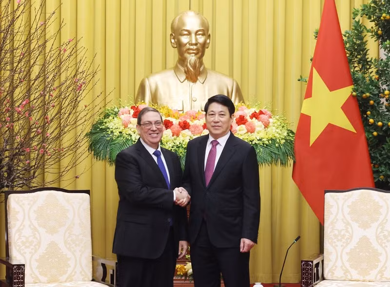 State President Luong Cuong (R) and Bruno Rodríguez Parrilla, Politburo member and Minister of Foreign Affairs of Cuba (Photo: VNA)