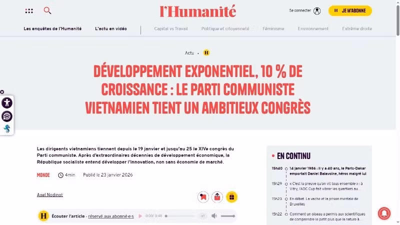 L’Humanité underscored the targets set by the 14th National Party Congress, including an average GDP growth rate of 10% per year or higher.