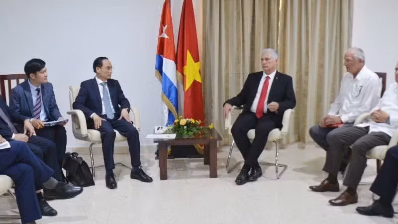 At the meeting between Politburo member and Minister of Foreign Affairs Le Hoai Trung (L) - Special Envoy of General Secretary of the Communist Party of Vietnam (CPV) Central Committee and State President To Lam - and First Secretary of the Communist Party of Cuba (PCC) Central Committee and President of Cuba Miguel Diaz-Canel (Photo: VNA)