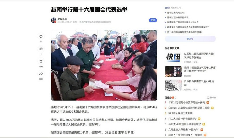 China Central Television (CCTV) reports on Viet Nam’s election.( Photo: VNA)